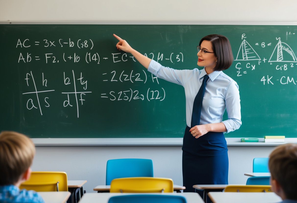 Un maestro de pie frente a un aula, señalando una pizarra con ecuaciones matemáticas y diagramas