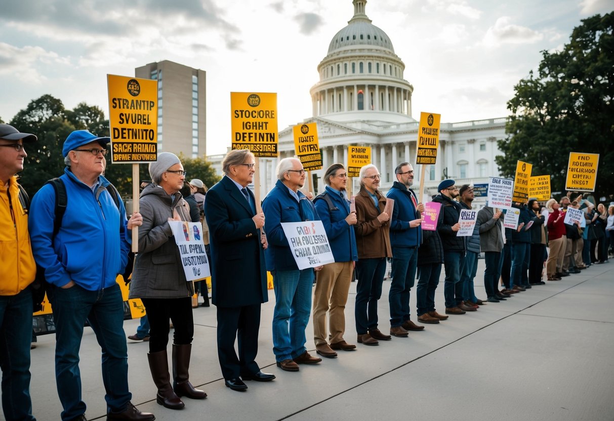 Un grupo de personas de pie en una fila, sosteniendo carteles y manifestándose frente a un edificio gubernamental