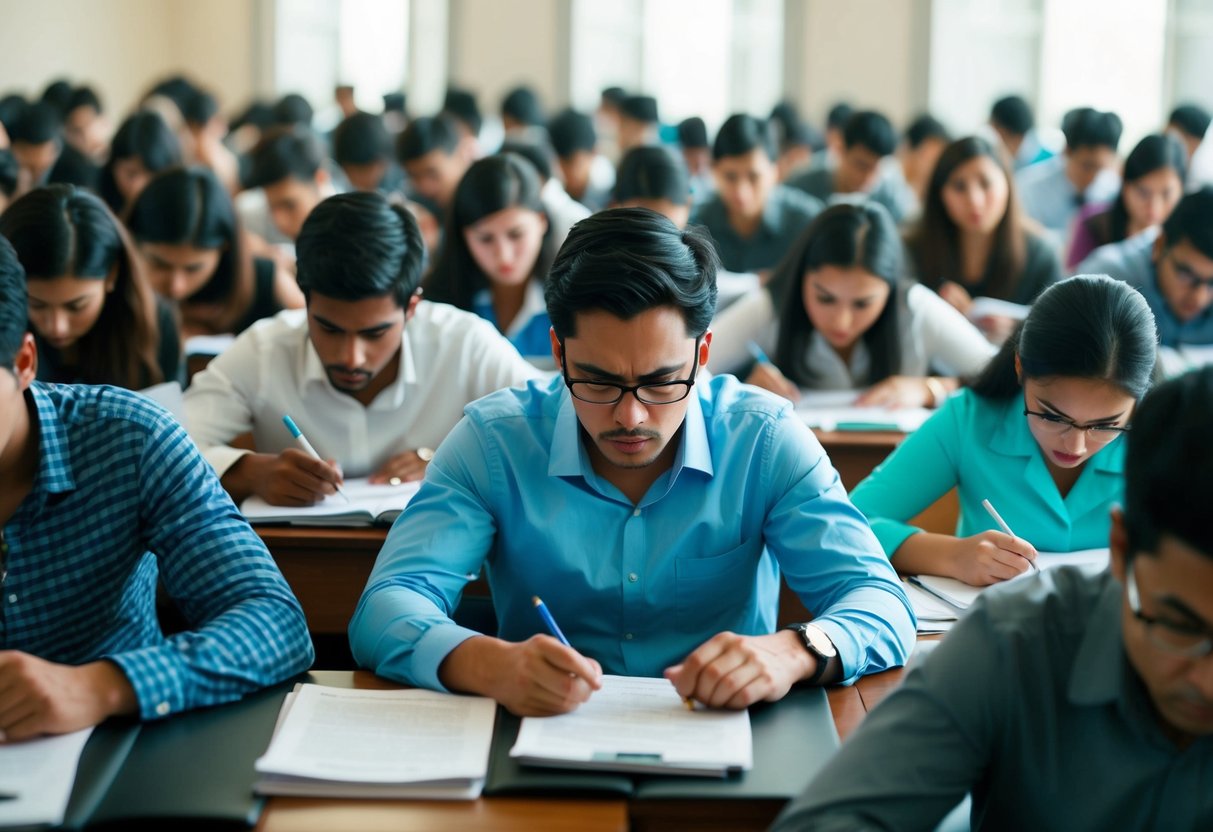 Una sala llena de personas tomando un examen desafiante, con expresiones intensas y ceños fruncidos mientras se concentran en sus papeles.