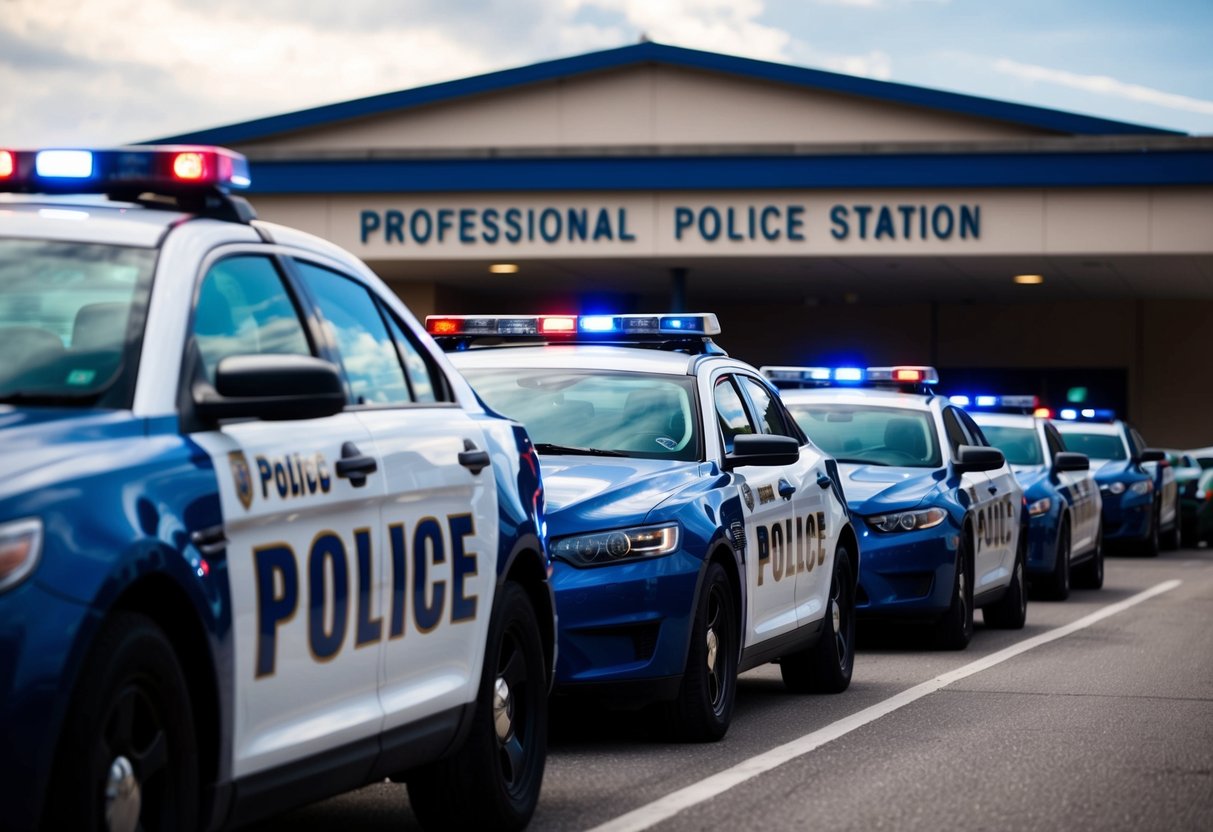 Una fila de coches de policía estacionados frente a una comisaría.