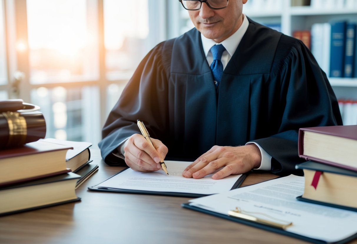Un juez firmando un decreto, rodeado de documentos legales y libros