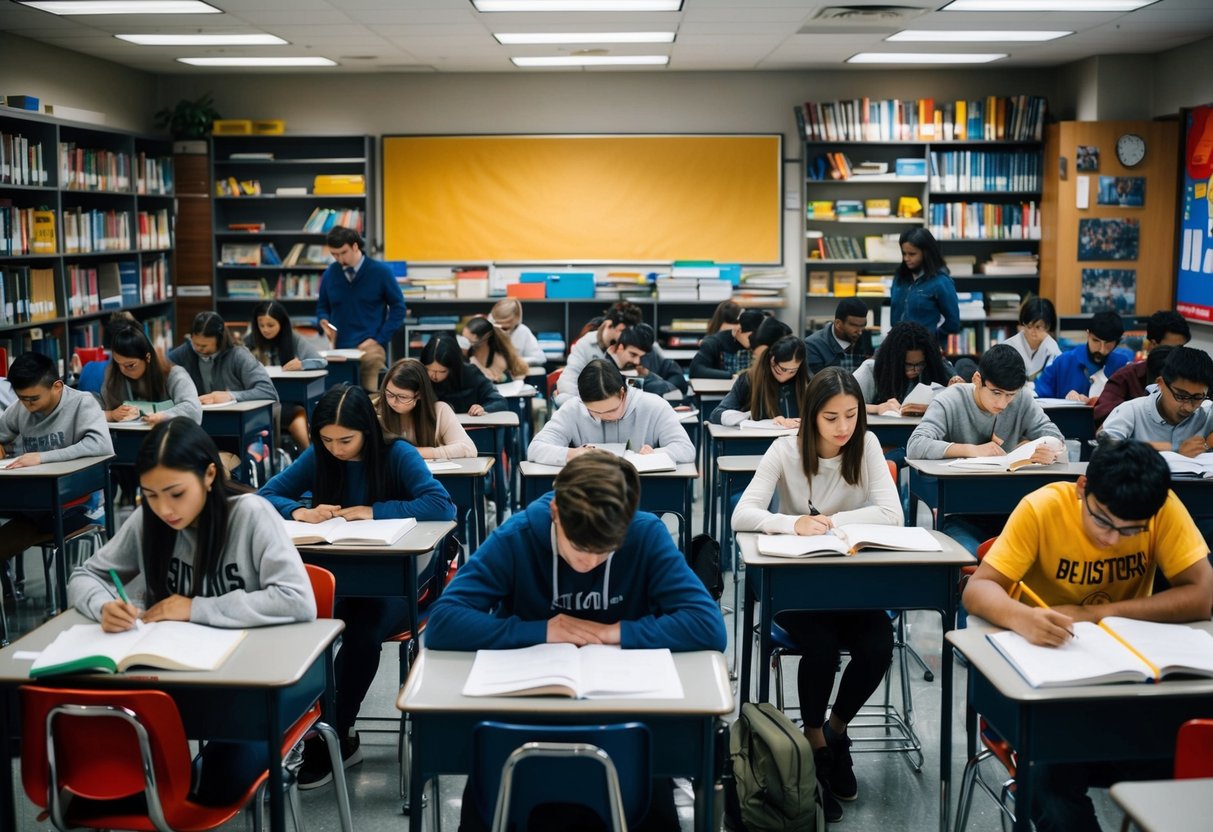 Una aula llena de estudiantes estudiando en escritorios, rodeada de estanterías de libros y materiales educativos
