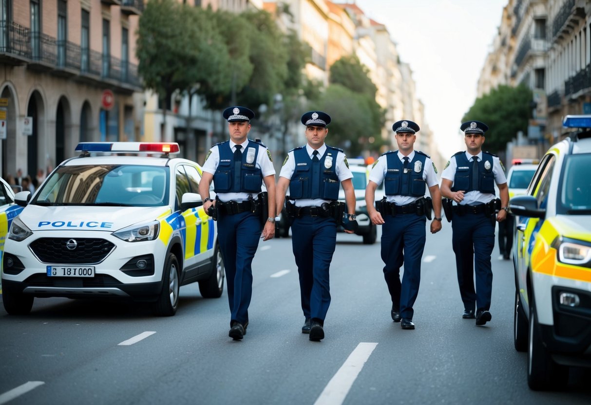 Un grupo de policías españoles en diferentes uniformes y vehículos patrullando una calle de la ciudad.