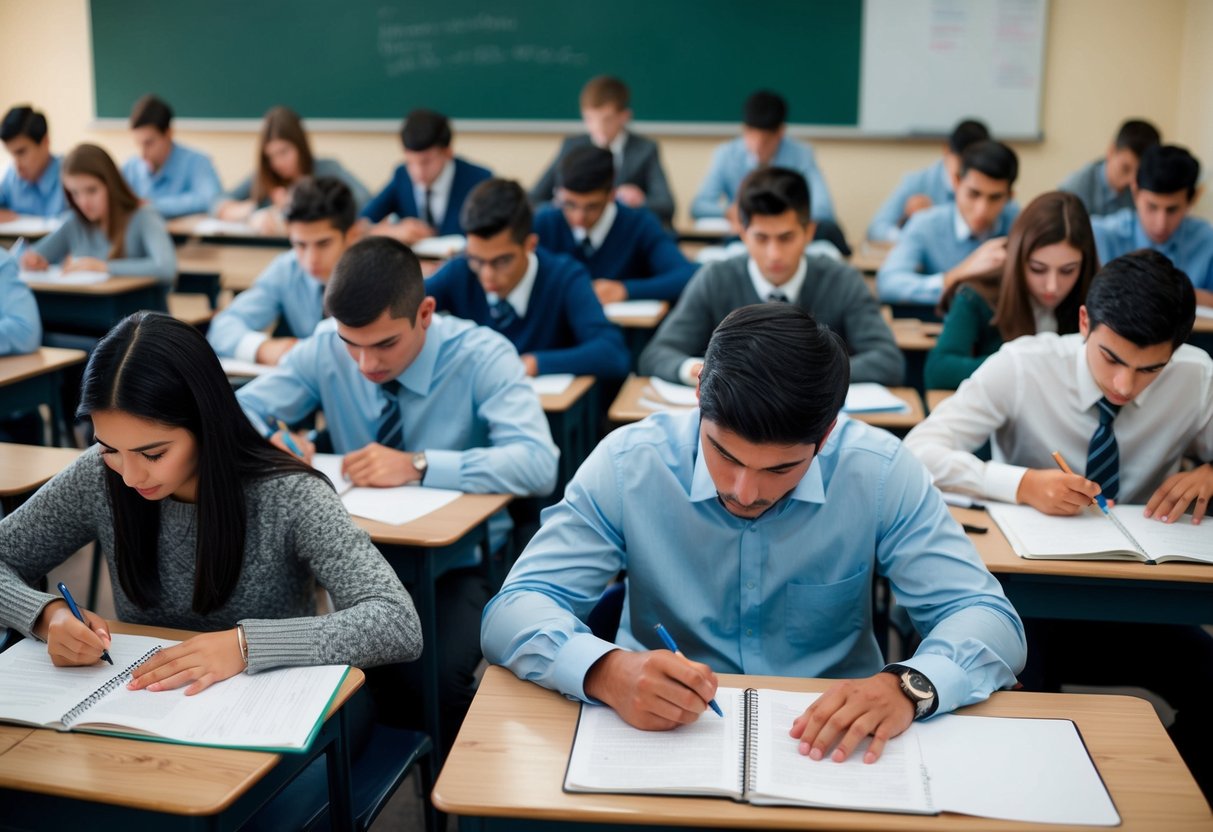 Un aula llena de estudiantes haciendo un examen escrito para un puesto de nivel superior