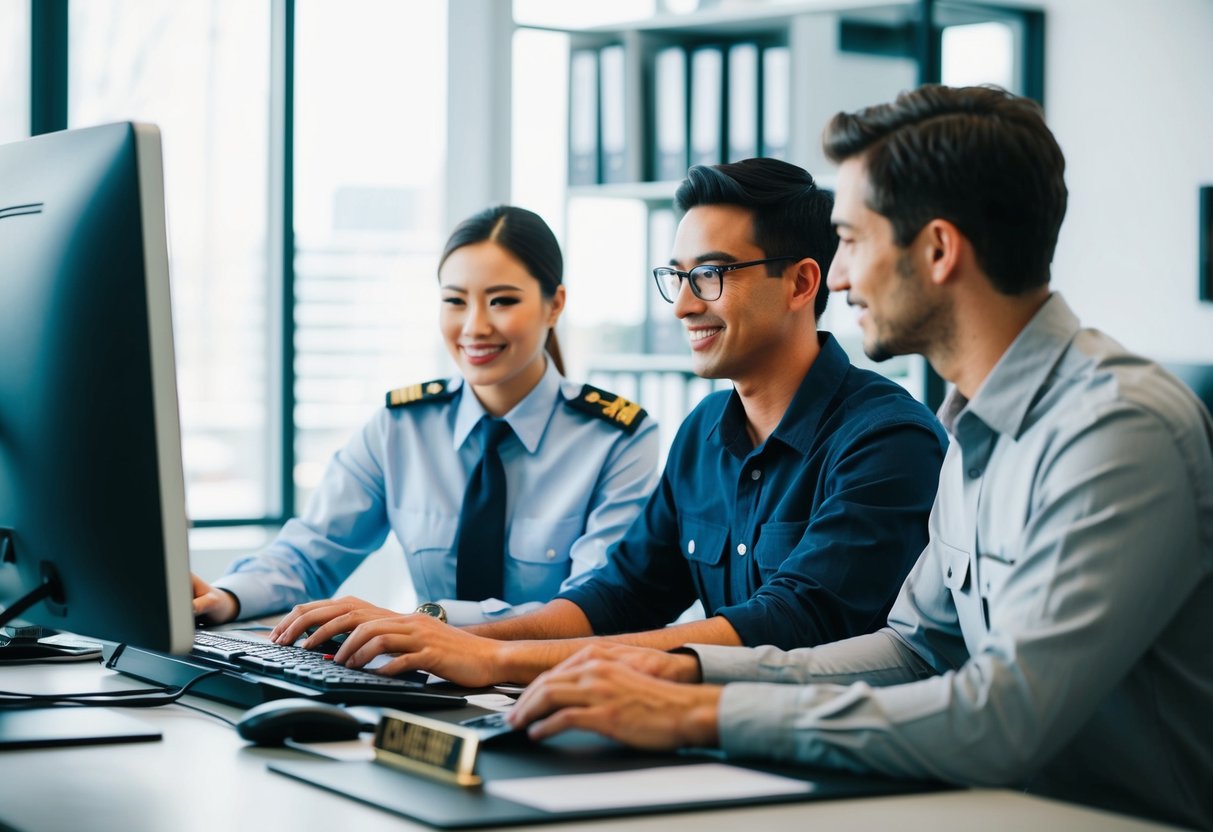 Un escritorio de oficina con una computadora, archivos y una placa con nombre. Una persona en uniforme y otra con ropa casual trabajando juntas.