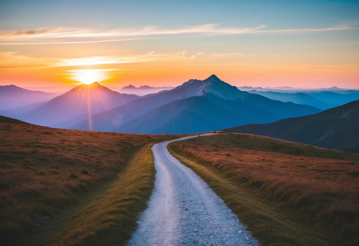 Un paisaje montañoso sereno con un camino sinuoso que conduce a un amanecer brillante y esperanzador