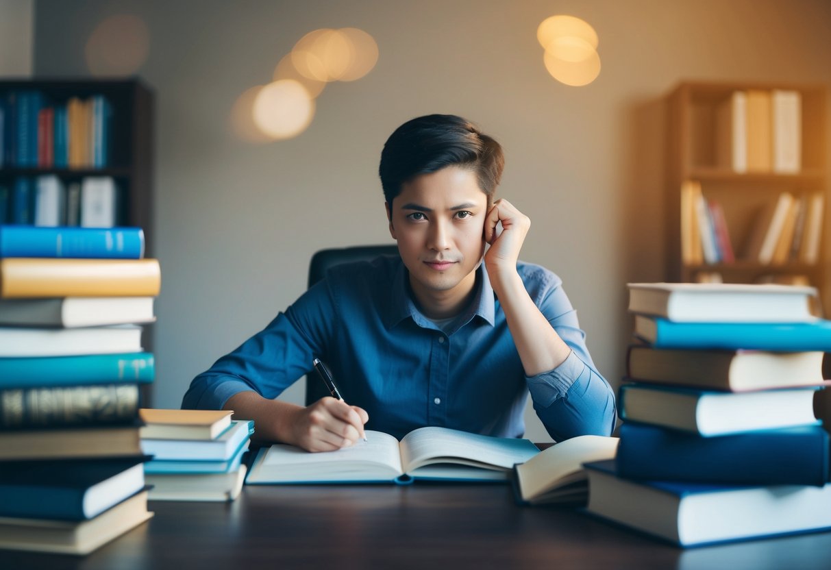 Una persona sentada en un escritorio rodeada de libros y materiales de estudio, con una expresión decidida en su rostro