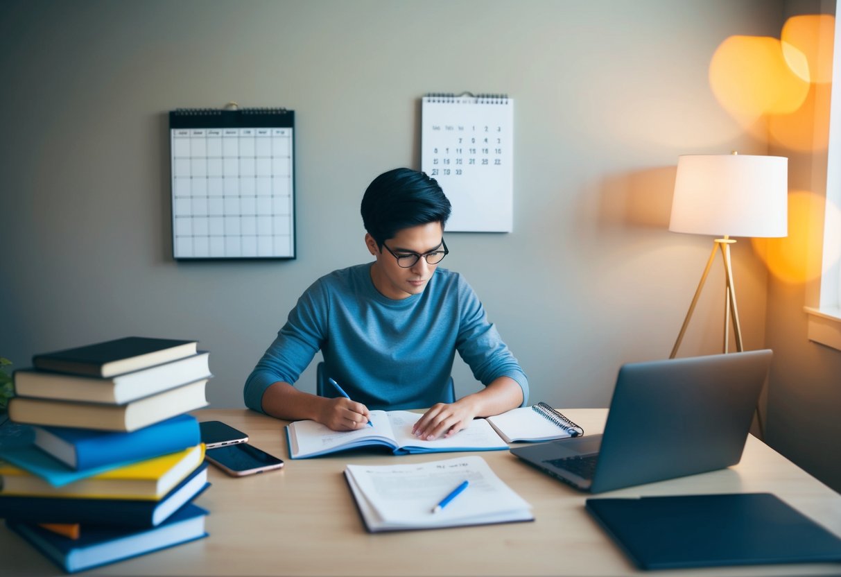 Una persona estudiando en un escritorio con libros, notas y una computadora portátil. Un calendario en la pared muestra una fecha límite. La habitación está tranquila y organizada.