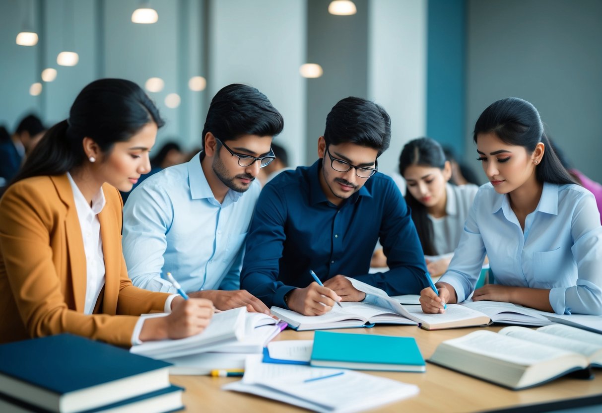 Un grupo de personas estudiando para un examen competitivo, con libros y papeles esparcidos alrededor de un escritorio.
