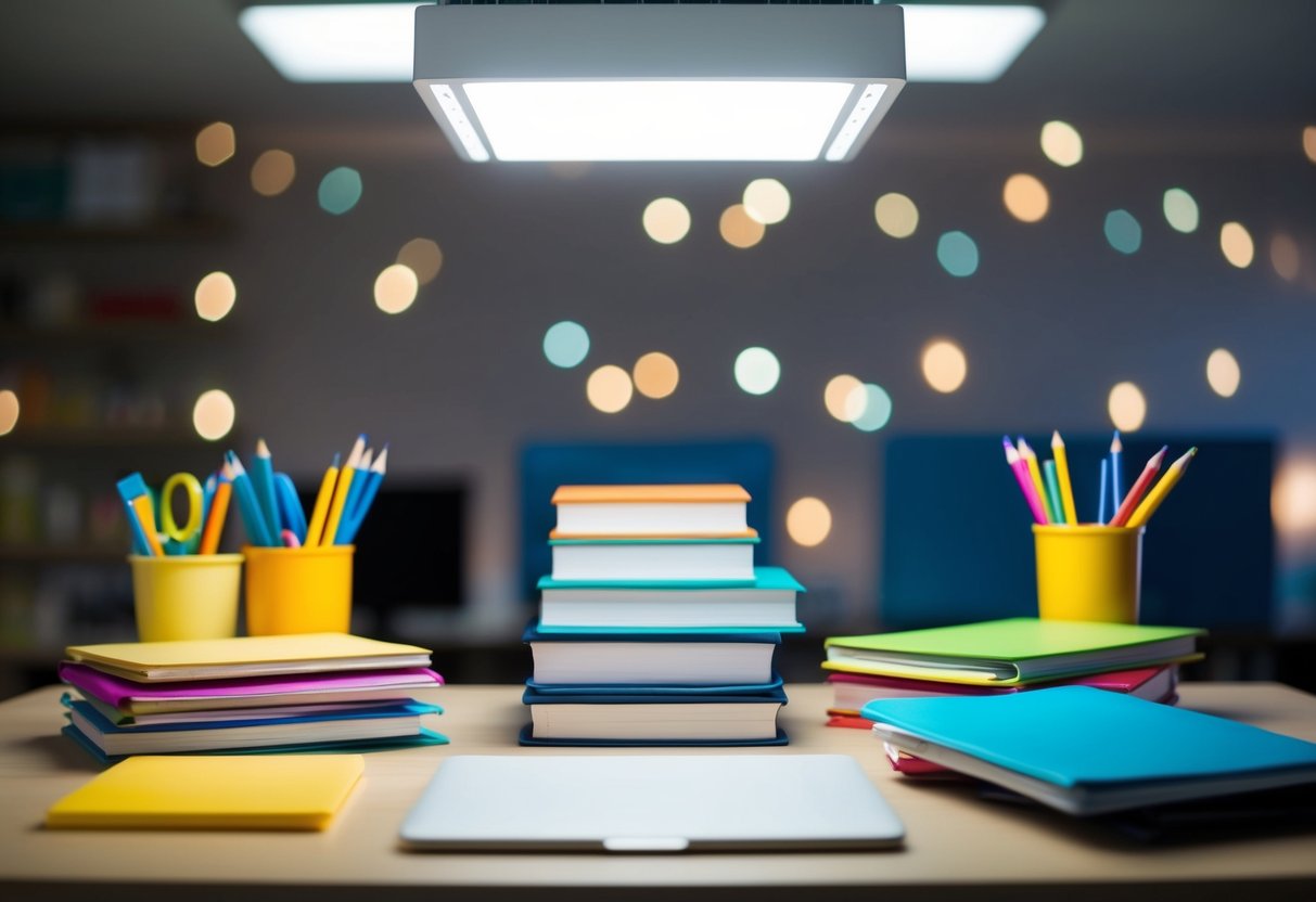Un escritorio con materiales de estudio coloridos dispuestos ordenadamente y una luz brillante en el techo iluminando la escena.
