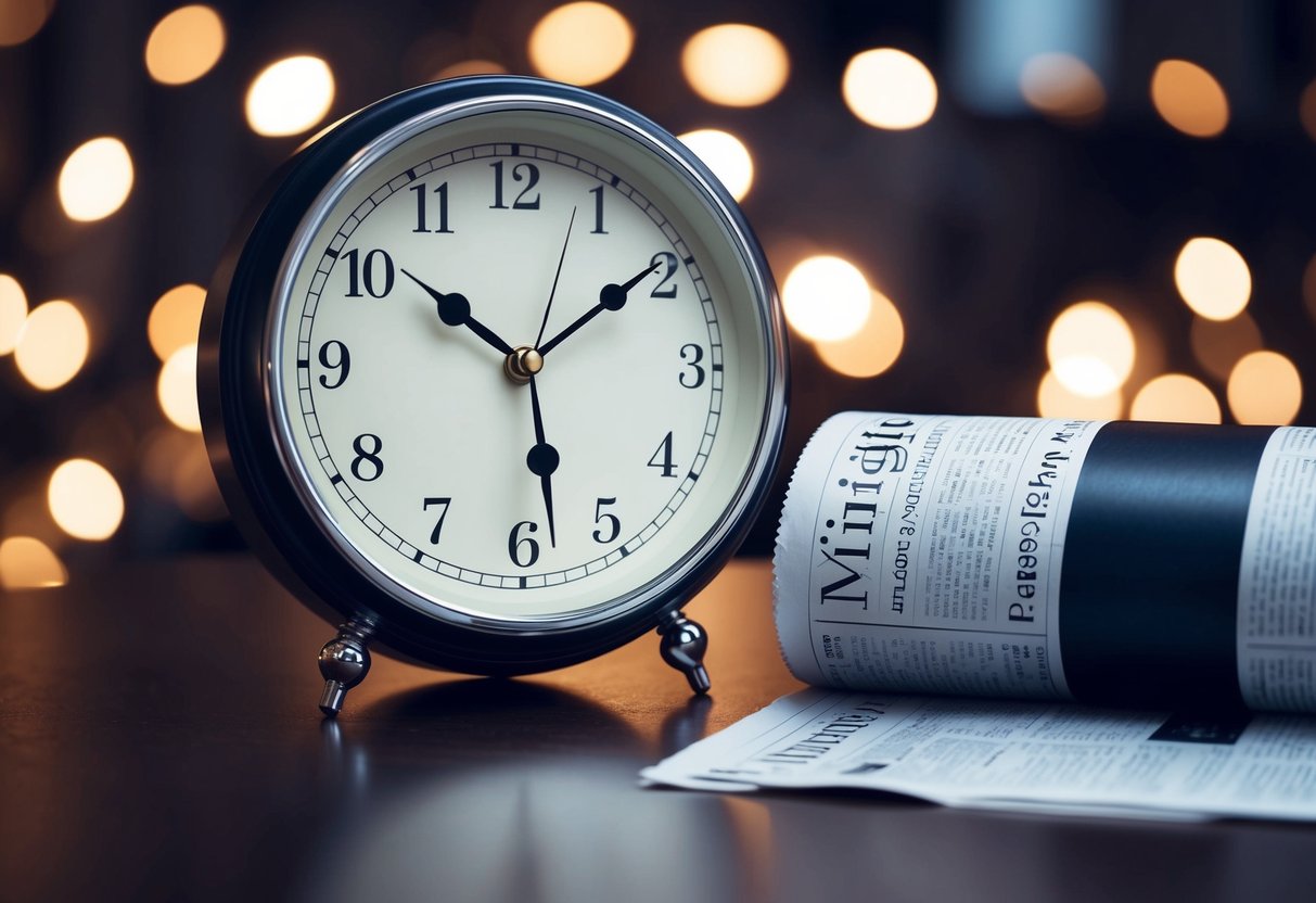 Un reloj dando la medianoche, con un periódico siendo entregado