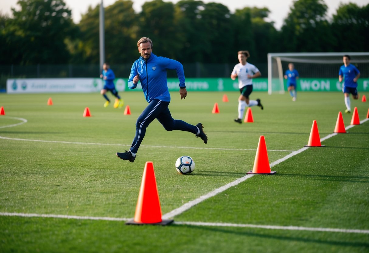 Un campo de fútbol con conos colocados para el curso navette, con un entrenador y jugadores corriendo de un lado a otro.
