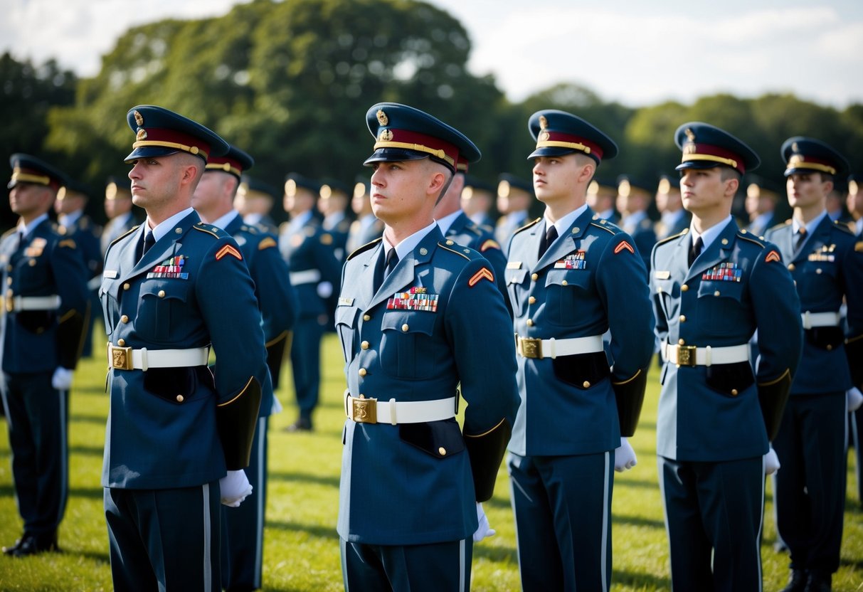 Un grupo de soldados de pie en posición de atención en una formación, con una exhibición clara y ordenada de disciplina y precisión.