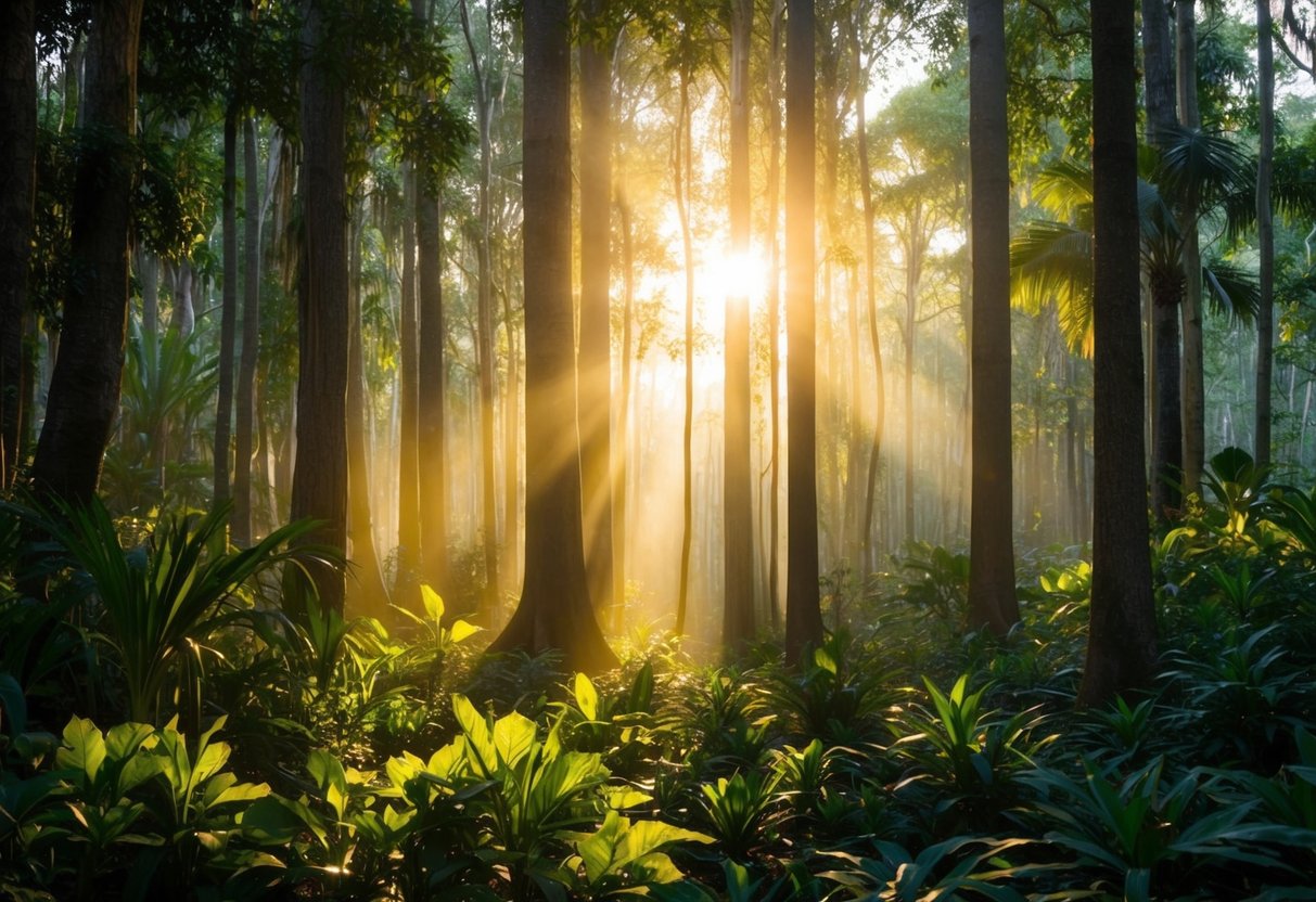Un bosque tranquilo con flora y fauna diversa, bañado en la luz dorada del sol que se filtra a través de la densa cubierta del dosel.