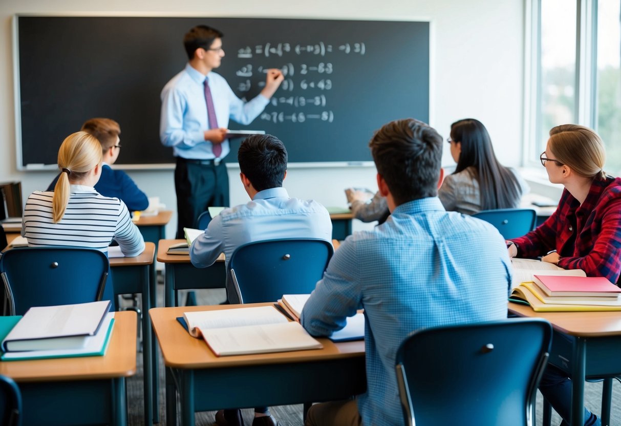 Un grupo de estudiantes estudiando en escritorios con libros y papeles, mientras un maestro está de pie en una pizarra escribiendo ecuaciones.