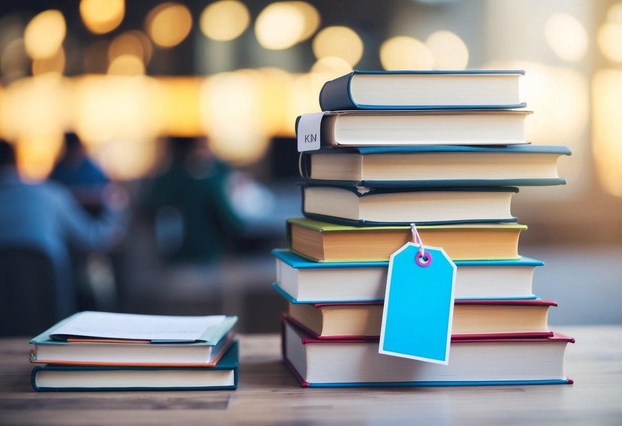 Una pila de libros y materiales de estudio con una etiqueta de precio en un fondo borroso