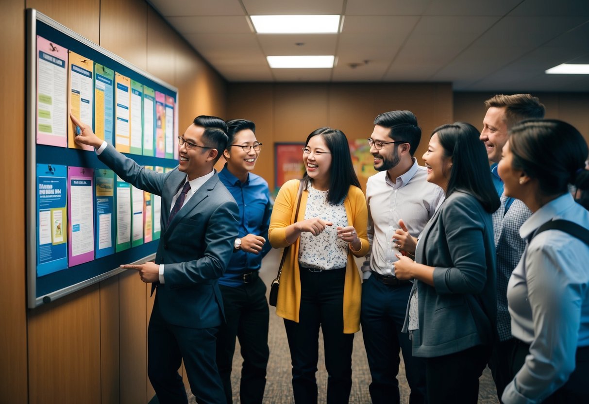 Un grupo de personas se reunió alrededor de un tablón de anuncios cubierto de carteles y avisos coloridos, señalando y charlando emocionadamente.