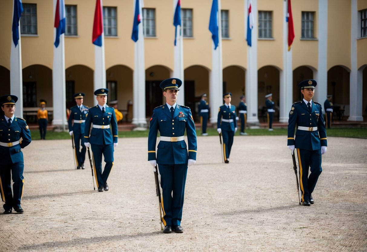 Una academia de guardia civil con personal uniformado entrenando en un patio con mástiles de bandera