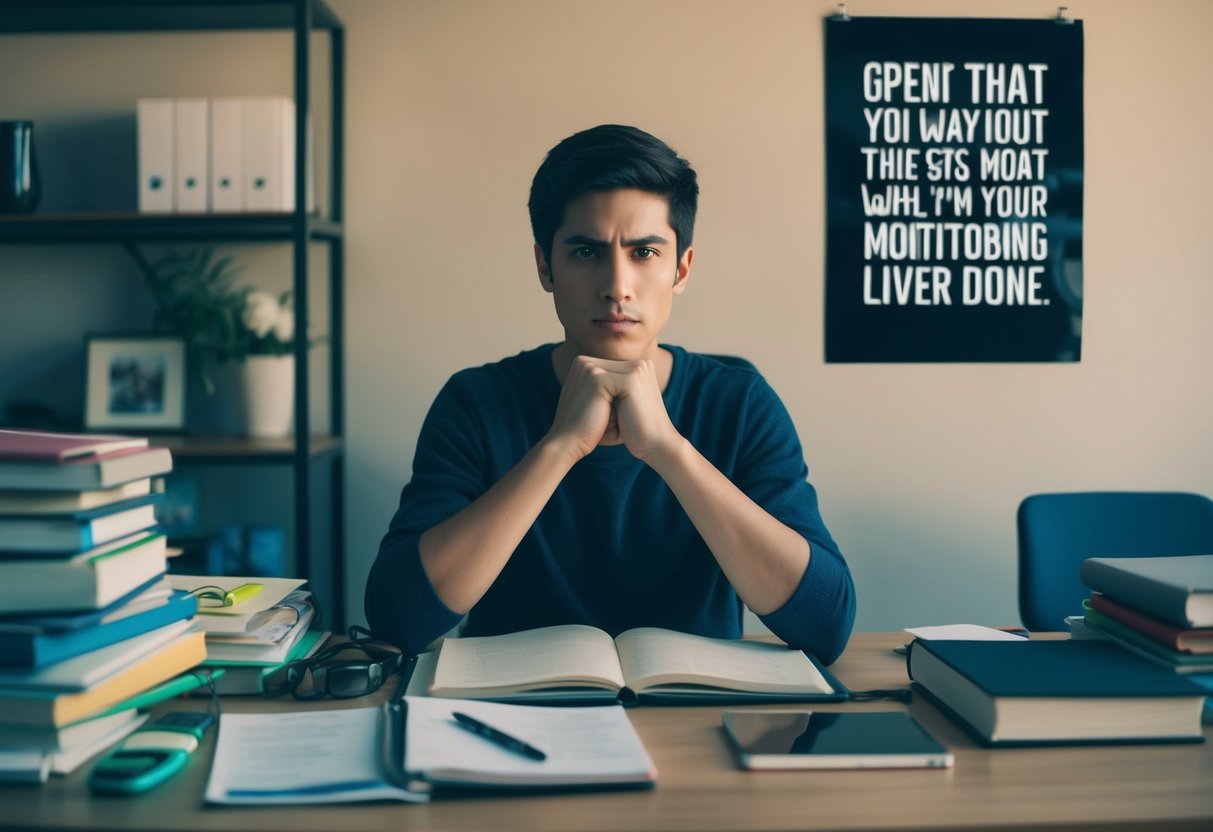 Un escritorio desordenado con materiales de estudio, un cartel motivacional en la pared y una expresión decidida en el rostro de una figura sin rostro.