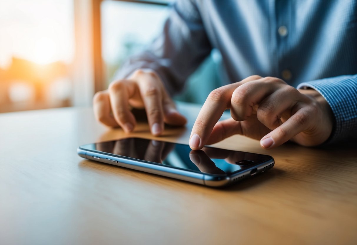 Un teléfono sobre una mesa, con la mano de una persona extendiéndose para recogerlo.