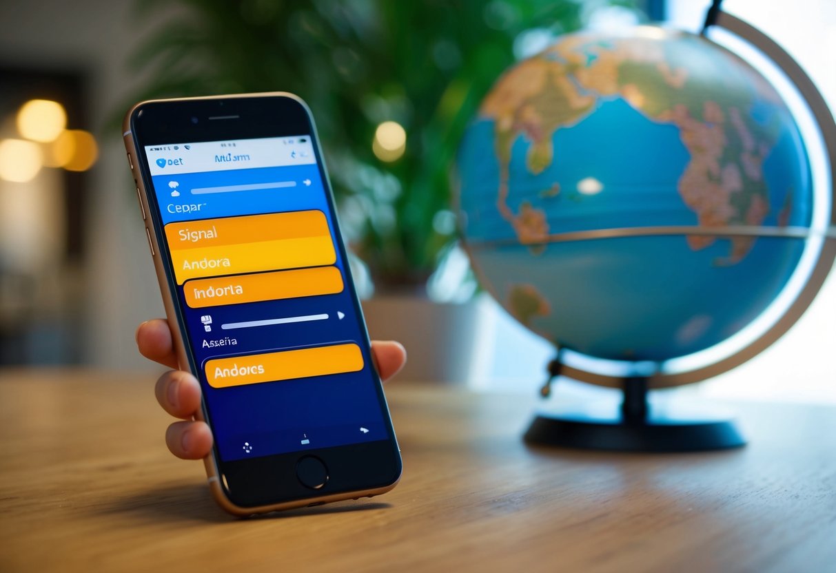 Un smartphone con barras de señal que transicionan de un país a Andorra, mientras un globo en el fondo resalta la ubicación.