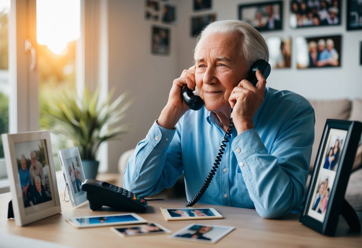 Persona mayor usando un teléfono fijo en casa, rodeada de fotos y recuerdos