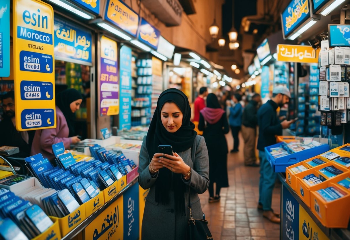 Un bullicioso mercado marroquí con coloridos puestos que venden tarjetas eSIM, planes de teléfono prepago y turistas usando sus teléfonos para acceder a internet mientras están en roaming.