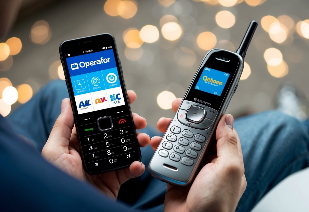Una persona sosteniendo un teléfono móvil y un teléfono fijo, con varios logotipos de operadores mostrados en una pantalla