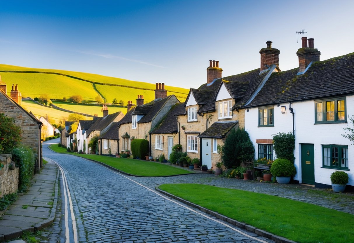 Una pintoresca aldea en el Reino Unido, con calles de adoquines y encantadoras cabañas, rodeada de colinas verdes y onduladas bajo un cielo azul claro.