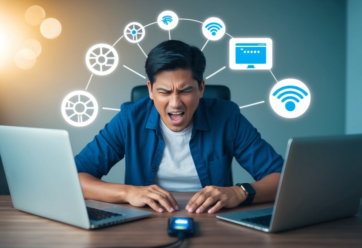Una persona sentada en un escritorio con una expresión de frustración, rodeada de dispositivos electrónicos y símbolos de internet desconectado