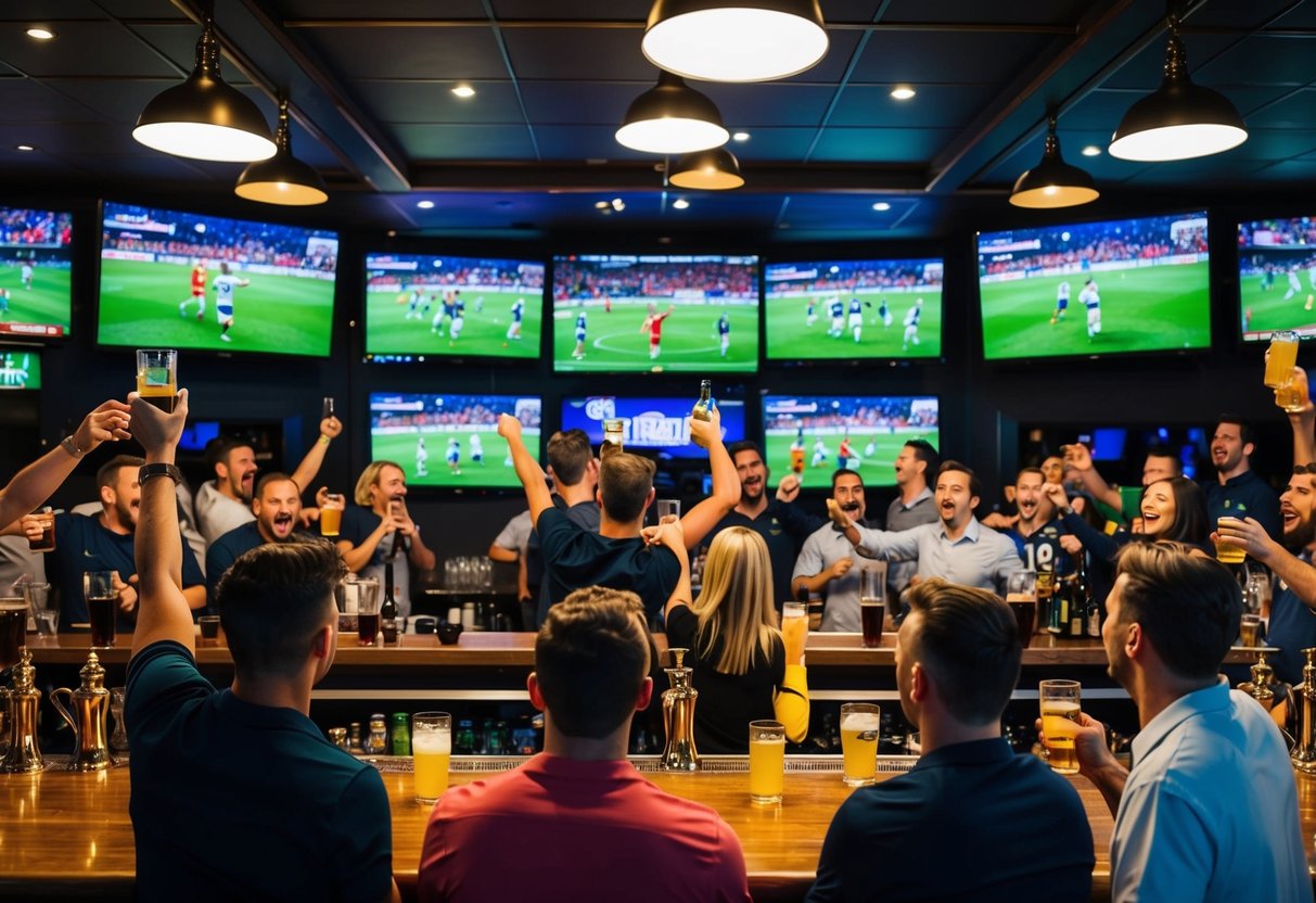 Un bar bullicioso con múltiples televisores mostrando partidos de fútbol, rodeado de aficionados emocionados animando y disfrutando de bebidas.
