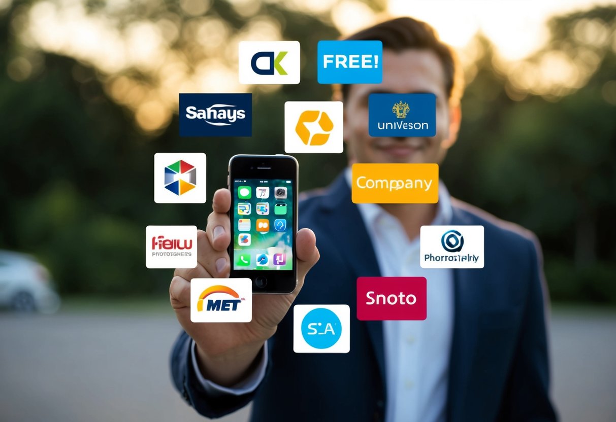 Una persona sosteniendo un teléfono inteligente con varios logotipos de empresas a su alrededor, simbolizando opciones de portabilidad móvil gratuita.