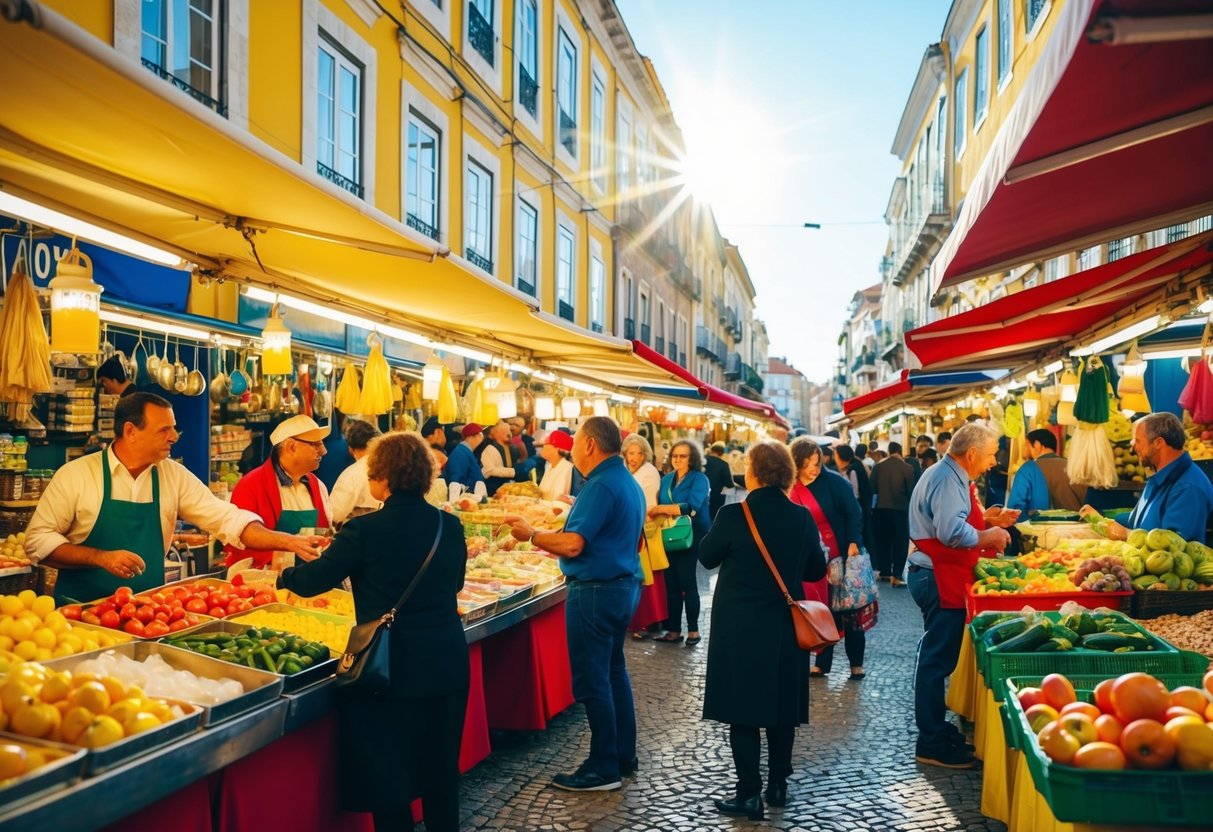 Un mercado bullicioso en Portugal, con coloridos puestos y vendedores animados interactuando con los clientes. El sol brilla sobre la vibrante escena, creando una atmósfera cálida y acogedora.