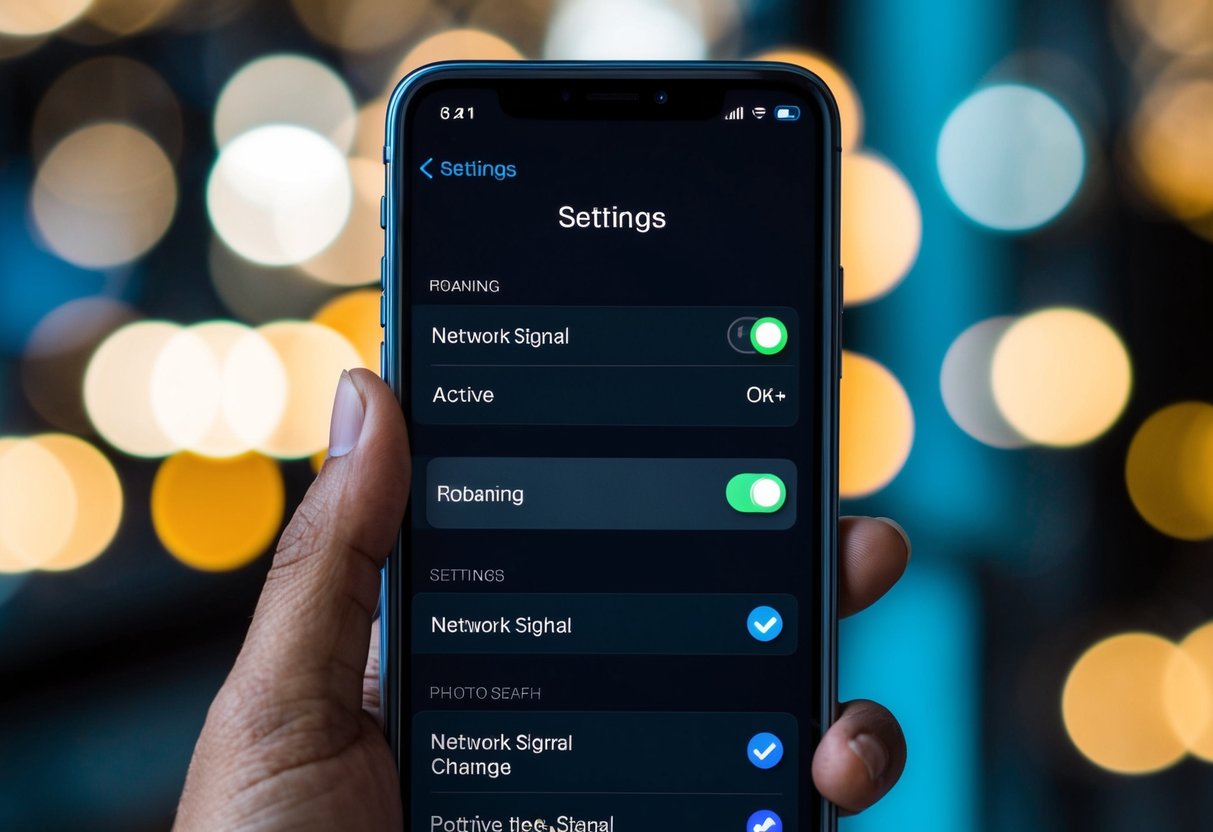 Un teléfono inteligente con un menú de configuración abierto, un interruptor de palanca para el roaming resaltado y un ícono de señal de red cambiando de activo a inactivo