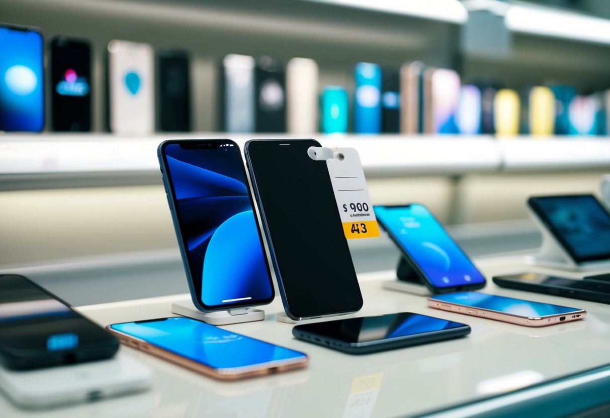 Un teléfono inteligente con una etiqueta de precio al lado, rodeado de otros dispositivos móviles en una estantería de tienda