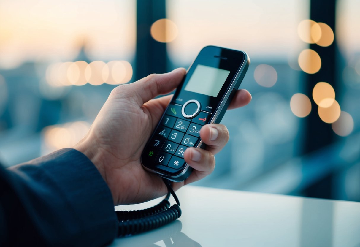 Una persona marcando un teléfono con su dedo flotando sobre el teclado, con la pantalla de números oculta a la vista