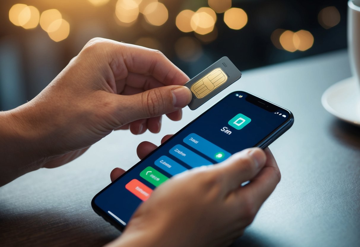 Una mano sosteniendo una tarjeta SIM, insertándola en un teléfono y navegando por la configuración para cambiar el código PIN.