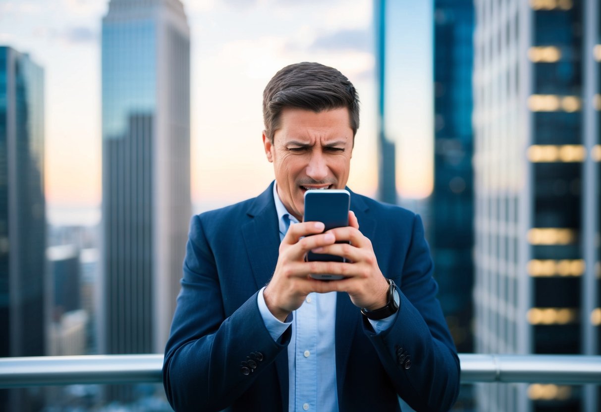 Una persona sosteniendo un teléfono celular con una expresión de frustración, rodeada de edificios altos y sin barras de señal.