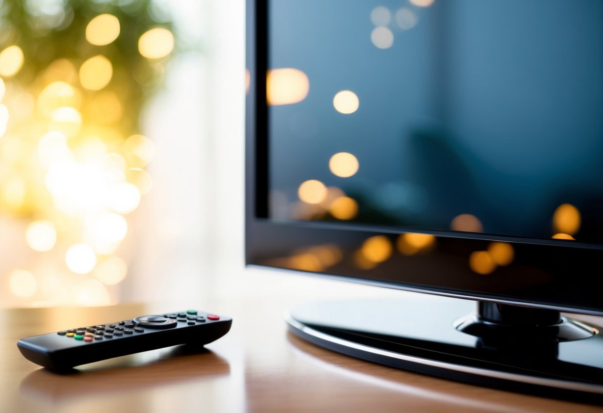 Una pantalla de televisión con un control remoto cerca