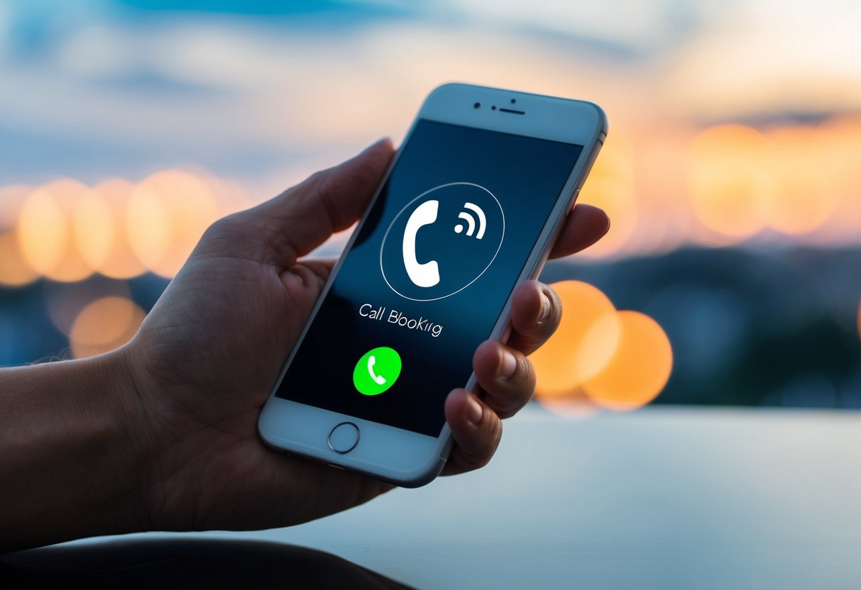 Una mano alcanzando un teléfono inteligente, tocando la pantalla para acceder a la función de bloqueo de llamadas