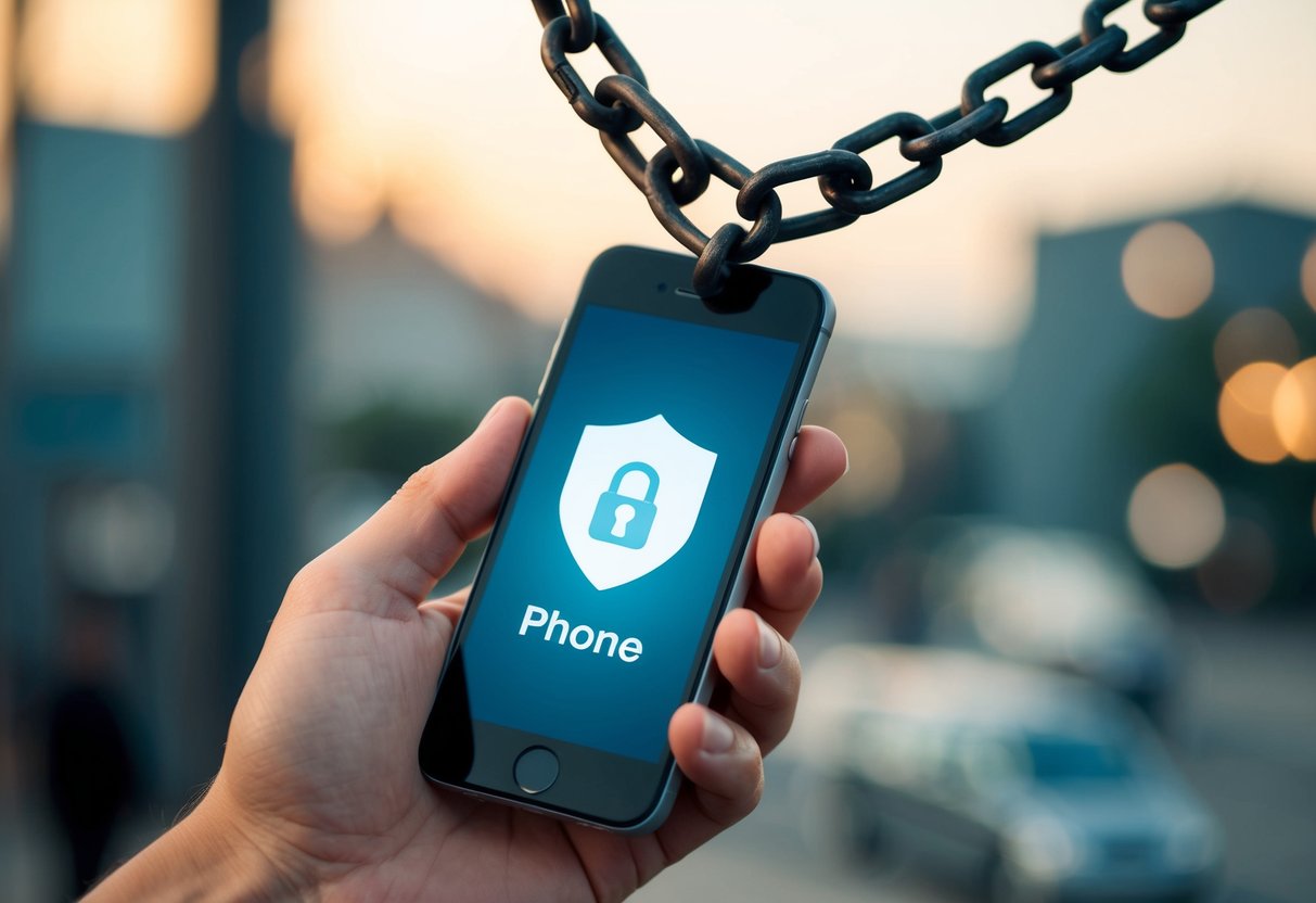 Una mano sosteniendo un teléfono móvil con una cadena rompiéndose, simbolizando el concepto de desbloquear un teléfono gratis