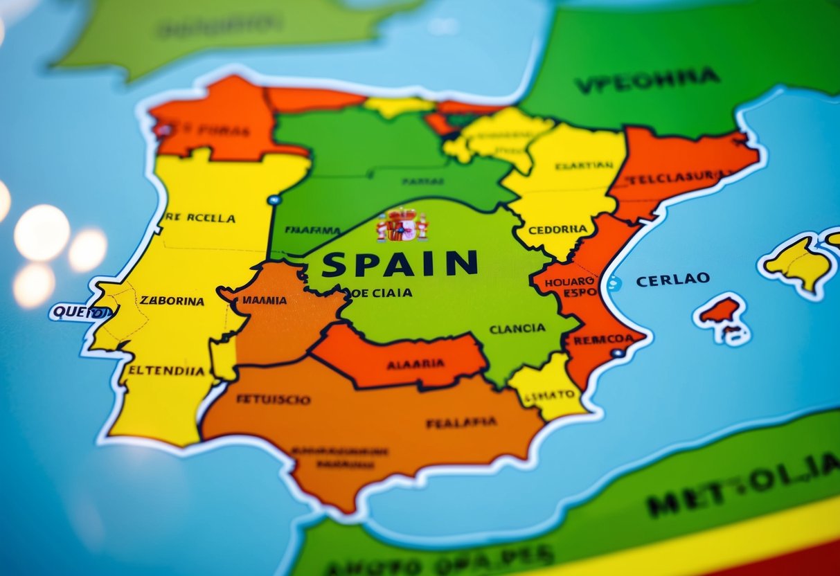 Un mapa de España con varias regiones resaltadas y etiquetadas con sus respectivos prefijos