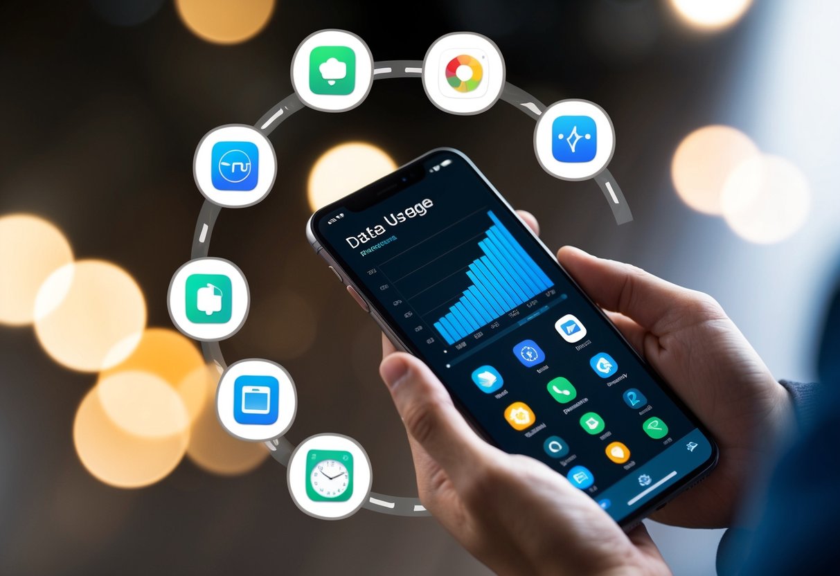 Una persona sosteniendo un teléfono inteligente con un gráfico de uso de datos mostrado en la pantalla, rodeada de íconos que representan diferentes aplicaciones y actividades.