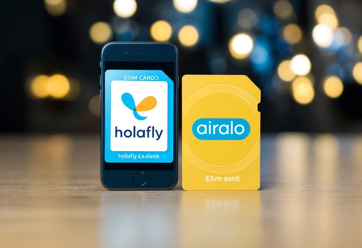 Dos tarjetas eSIM, Holafly y Airalo, mostradas una al lado de la otra con un teléfono inteligente