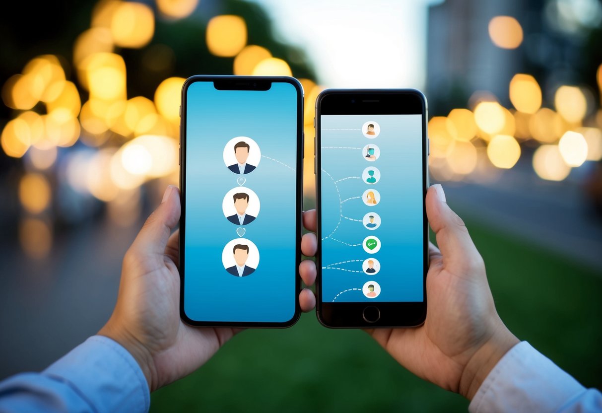 Dos teléfonos inteligentes enfrentados, con una línea de contactos transfiriéndose de una pantalla a la otra