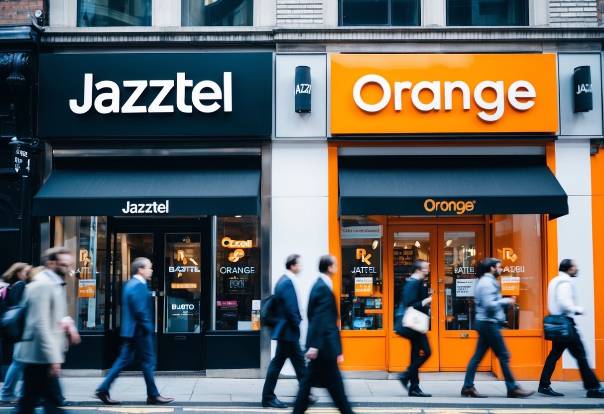 Una bulliciosa calle de la ciudad con dos escaparates distintos, uno etiquetado como "Jazztel" y el otro "Orange". Cada escaparate está adornado con su respectiva marca y logotipos, con personas que pasan y miran las tiendas.