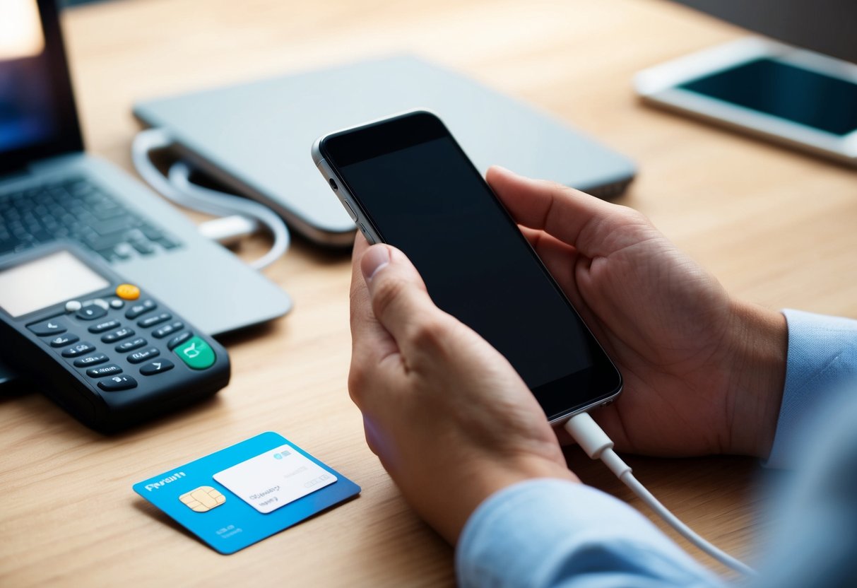 Una mano sosteniendo un teléfono móvil con una tarjeta prepago y un cable de carga cerca.