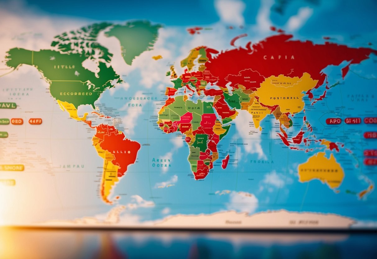 Un mapa mundial con códigos de llamada internacionales destacados