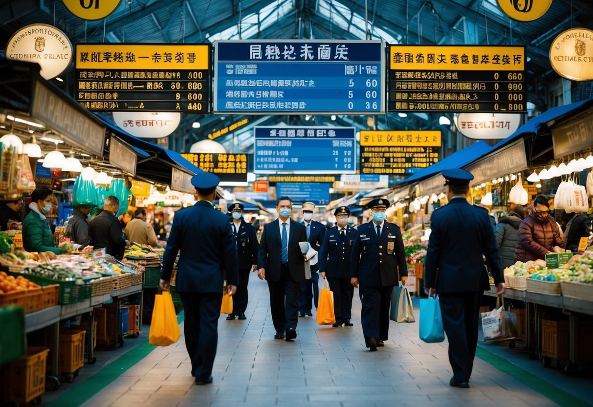 Un bullicioso mercado con vendedores y compradores, letreros que exhiben regulaciones actualizadas en múltiples idiomas y funcionarios monitoreando el cumplimiento.