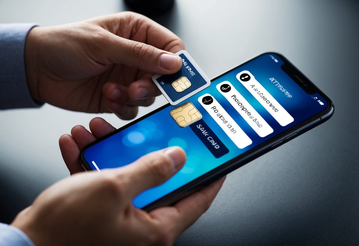 Una mano sosteniendo una tarjeta SIM e insertándola en un teléfono inteligente. La pantalla del teléfono inteligente muestra una serie de indicaciones para activar la tarjeta SIM.